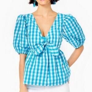 Lily Pulitzer Plad Babydoll Sarafina Gingham Tie Front Smock Back 12 NWOT